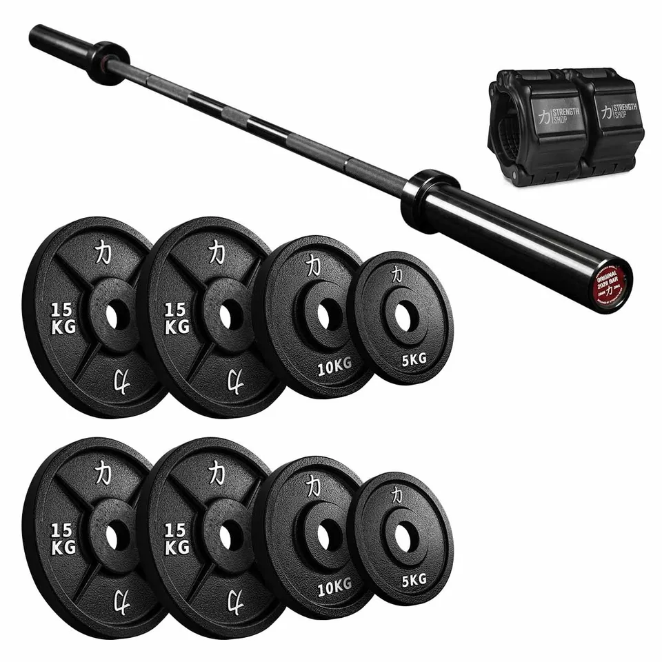 strength-shop-original-pack-d-butant-90kg-plaques-fonte-barre-olympique image 1