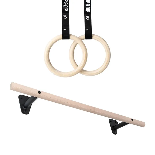 pullup-dip-set-barre-de-traction-bois-murale-anneaux-gym-bois image 1