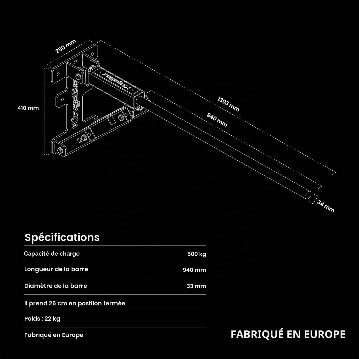 kingsbox-3-seconds-barre-de-traction-murale-acier-500-kg image 2