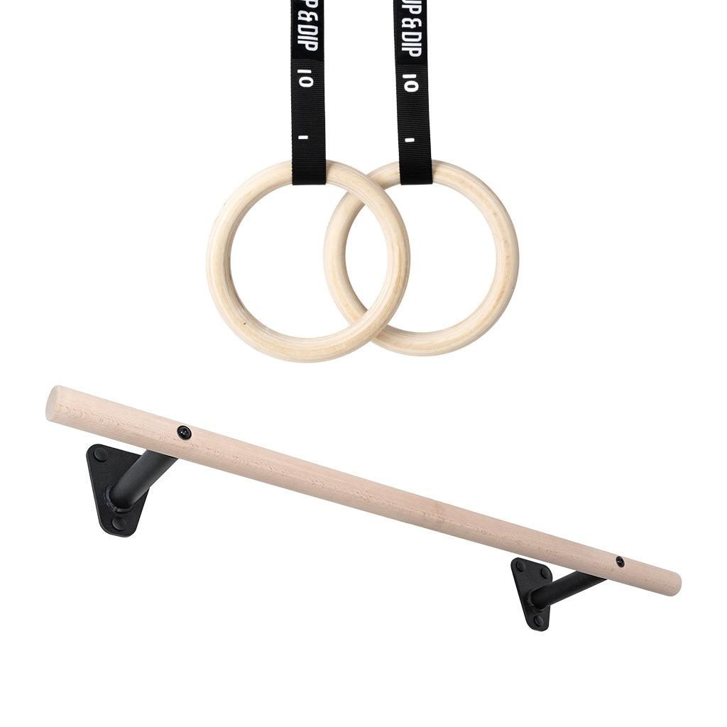 pullup-dip-set-barre-de-traction-bois-murale-anneaux-gym-bois image 1